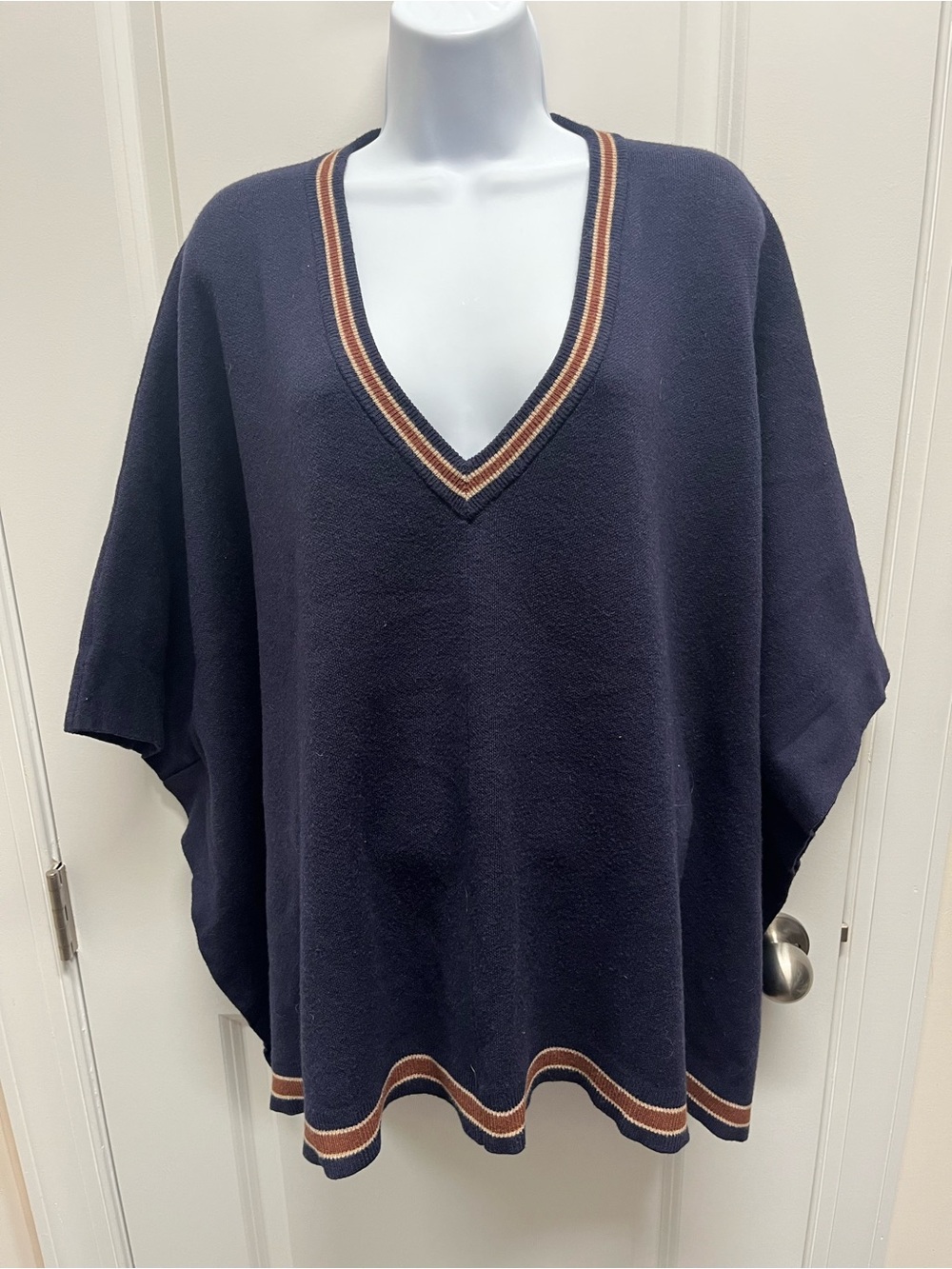 House of Harlow poncho sweater womens navy blue V-neck stripe trim one size soft